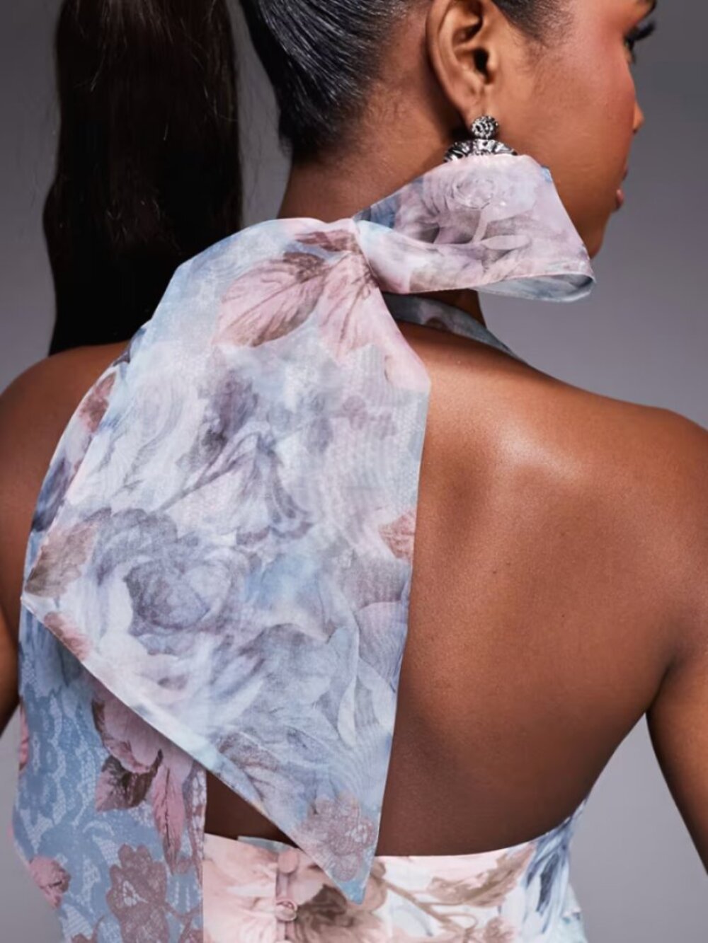 ASOS LUXE Halter Maxi Dress with Waterfall Ruffles – Lace Floral Print - Picture 3 of 13